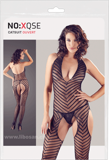 Catsuit plus string en dentelle, avec larges découpes, aspect rayé S-L